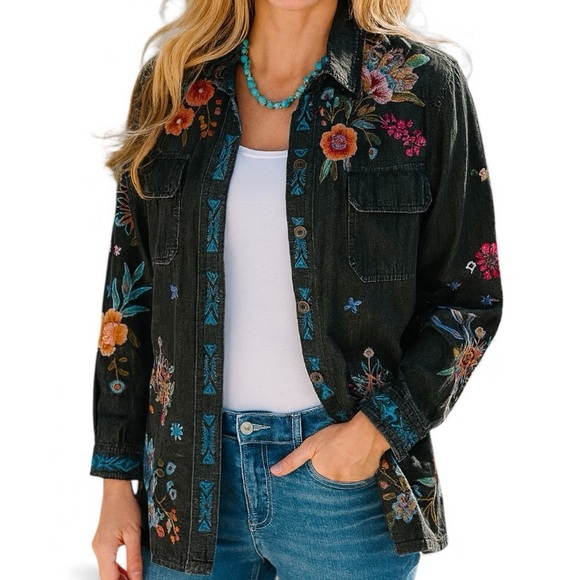 Johnny Was Jackets & Blazers - NWT - Johnny Was Black Francisca Floral Embroidered Shirt - PRICE IS FIRM